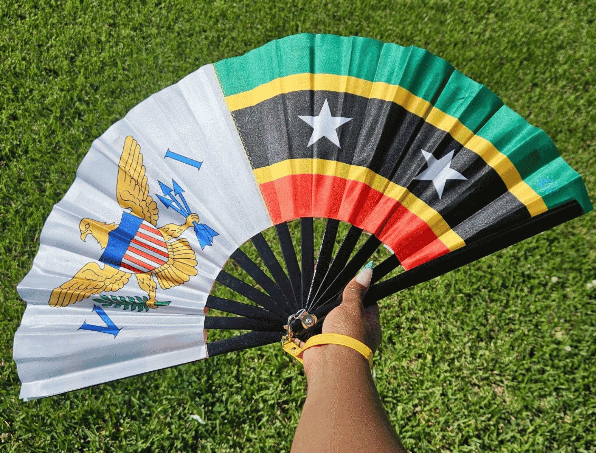 Dual Heritage US Virgin Islands and St. Kitts-Nevis Flag Fan Open