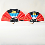 Antigua Barbuda flag inspired bamboo folding hand fans of various sizes (large and small) open and standing.