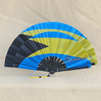 Bahamas flag inspired bamboo folding hand fans of various sizes (large and small) open and standing.