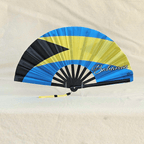 Bahamas flag inspired bamboo folding hand fan, open, standing