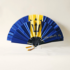 Barbados flag inspired bamboo folding hand fans of various sizes (large and small) open and standing.