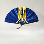 Barbados flag inspired bamboo folding hand fan, open, standing