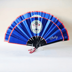 Belize flag inspired bamboo folding hand fans of various sizes (large and small) open and standing.