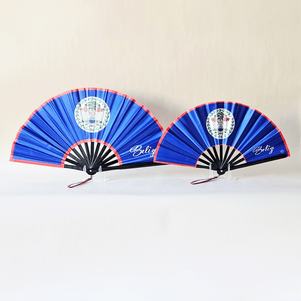 Belize flag inspired bamboo folding hand fans of various sizes (large and small) open and standing.