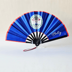 Belize flag inspired bamboo folding hand fan, open, standing