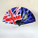 British Virgin Islands flag inspired bamboo folding hand fans of various sizes (large and small) open and standing.