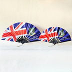 British Virgin Islands flag inspired bamboo folding hand fans of various sizes (large and small) open and standing.
