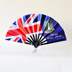 British Virgin Islands flag inspired bamboo folding hand fan, open, standing