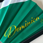 Close up of Dominica flag inspired bamboo folding hand fan displaying the country's name in script font and displaying the Caribae Kiss logo.