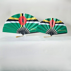 Dominica flag inspired bamboo folding hand fans of various sizes (large and small) open and standing.