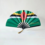 Dominica flag inspired bamboo folding hand fan, open, standing