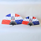 Dominican Republic flag inspired bamboo folding hand fans of various sizes (large and small) open and standing.