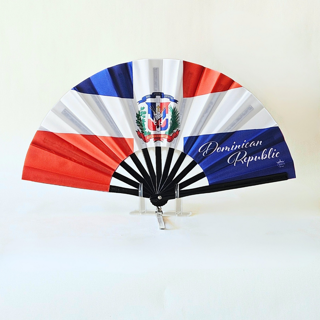 Dominican Republic flag inspired bamboo folding hand fan, open, standing