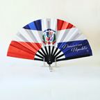 Dominican Republic flag inspired bamboo folding hand fan, open, standing