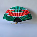Guadeloupe flag inspired bamboo folding hand fans of various sizes (large and small) open and standing.