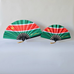 Guadeloupe flag inspired bamboo folding hand fans of various sizes (large and small) open and standing.