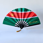Guadeloupe flag inspired bamboo folding hand fan, open, standing