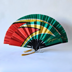 Guyana flag inspired bamboo folding hand fans of various sizes (large and small) open and standing.