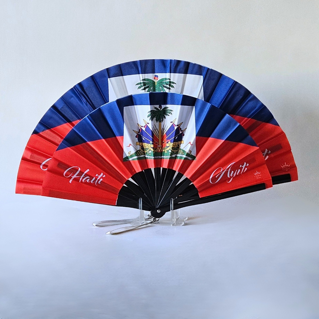 Haiti "Ayiti" flag inspired bamboo folding hand fans of various sizes (large and small) open and standing.