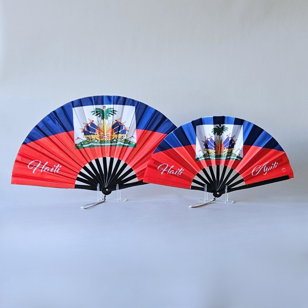 Haiti "Ayiti" flag inspired bamboo folding hand fans of various sizes (large and small) open and standing.