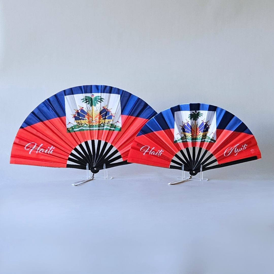 Haiti "Ayiti" flag inspired bamboo folding hand fans of various sizes (large and small) open and standing.
