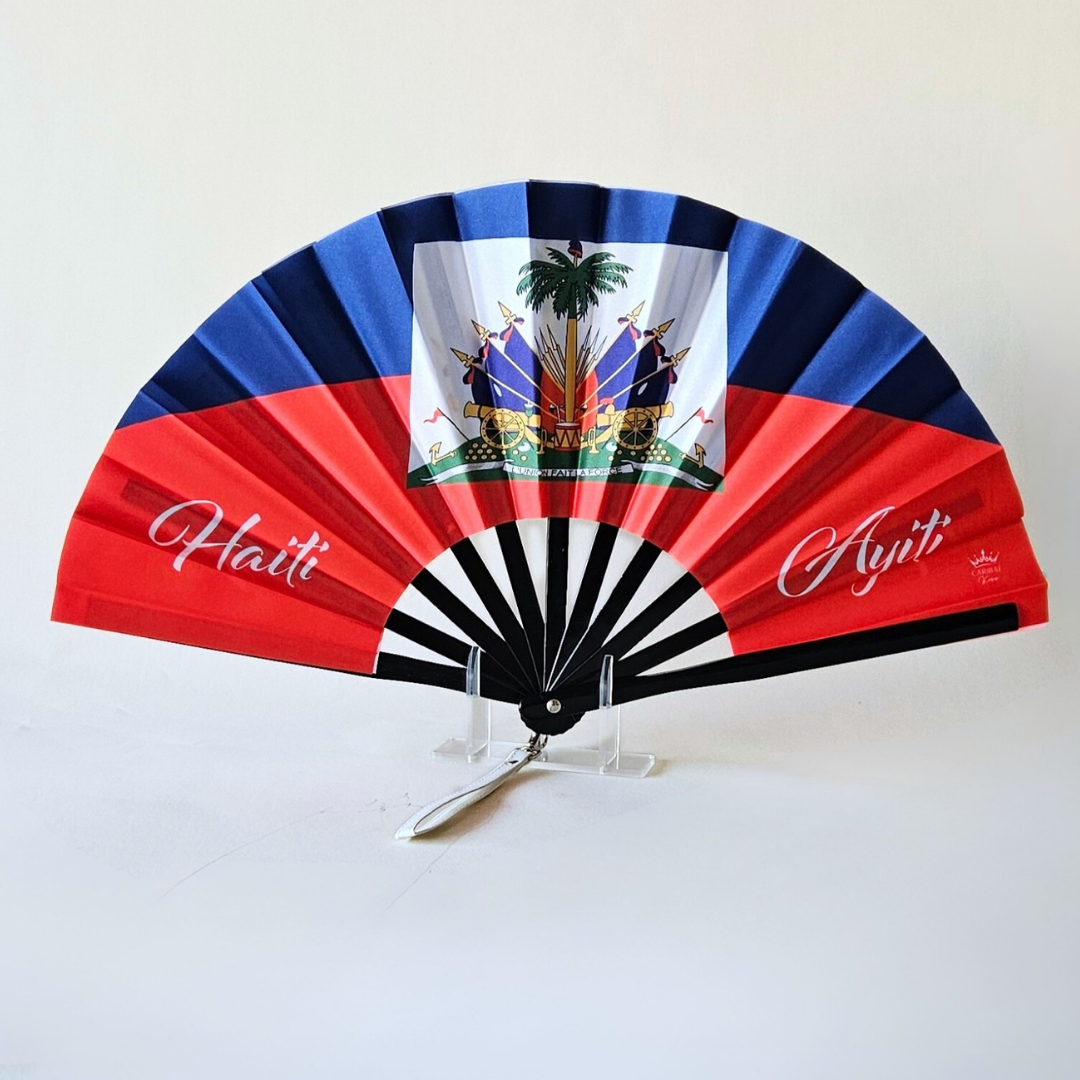 Haiti "Ayiti" flag inspired bamboo folding hand fan, open, standing
