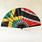 Dual heritage Jamaica and Trinidad & Tobago flag inspired bamboo folding hand fan, open, standing