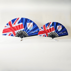 Anguilla flag inspired bamboo folding hand fan of various sizes (large and small) open and standing.