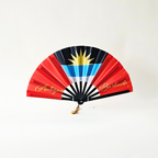 Antigua & Barbuda flag inspired bamboo folding hand fan, open, standing