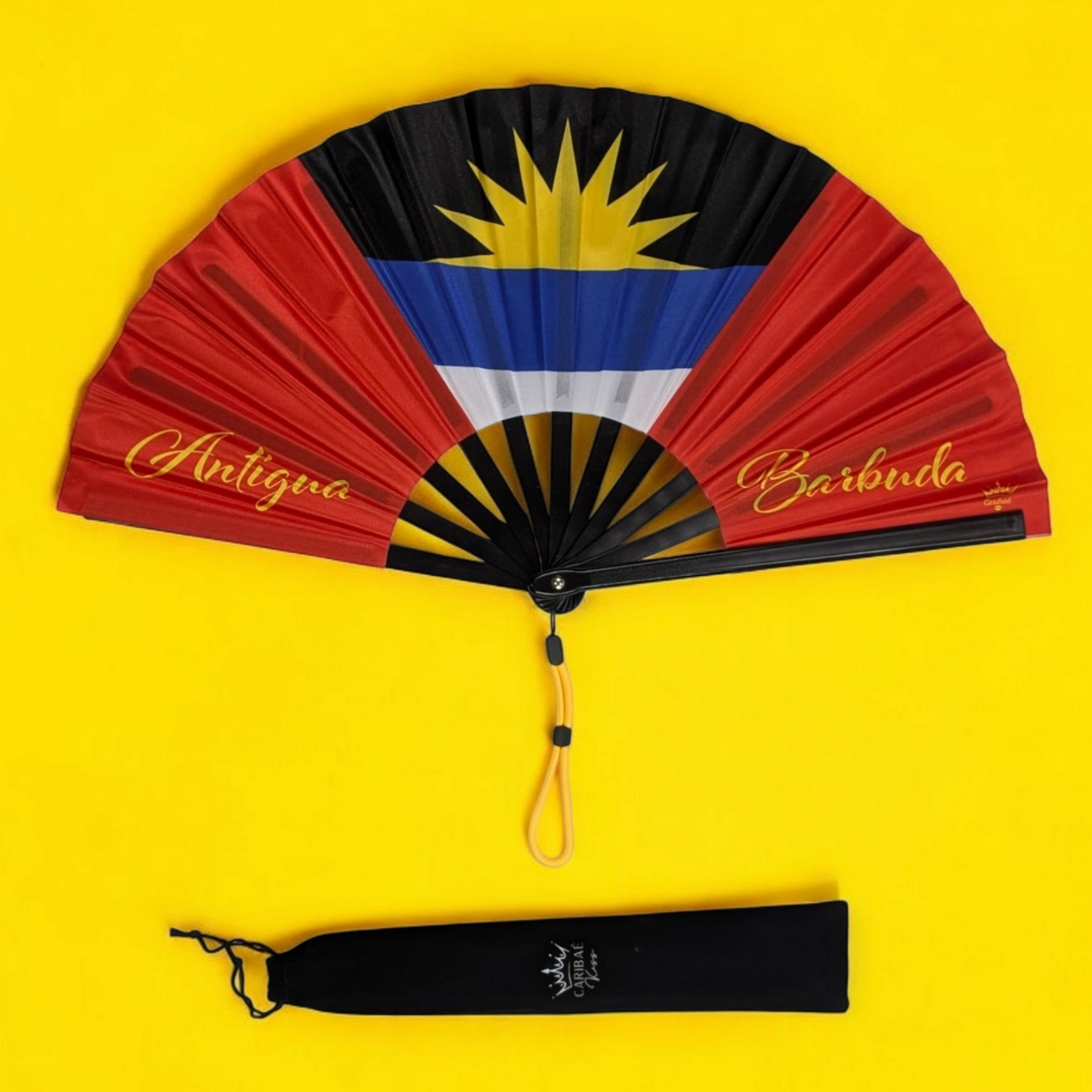 Antigua Folding Hand Fan Flag with wristlet tassel – Caribbean festival accessory by Caribae Kiss