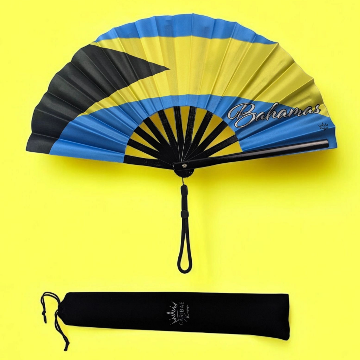 Bahamas folding hand fan with national flag design and wristlet tassel – a vibrant cultural accessory by Caribae Kiss for island events and festivals