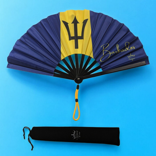 Barbados folding hand fan featuring the national flag and wristlet tassel – a bold cultural accessory by Caribae Kiss for Bajan festivals and events