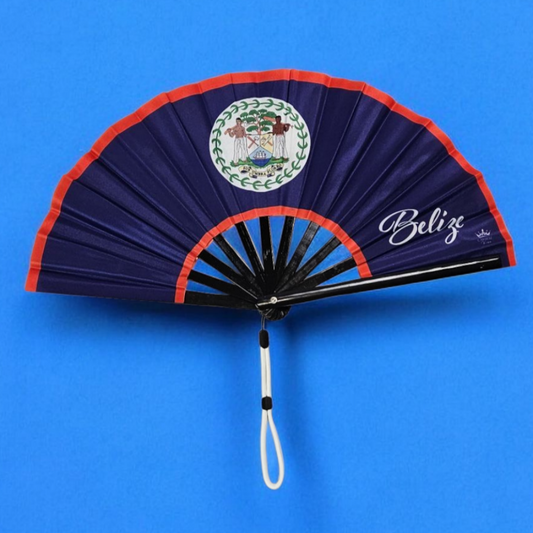 Belize folding hand fan with national flag and tassel – a cultural accessory by Caribae Kiss for Afro-Latina and Caribbean festivals and celebrations