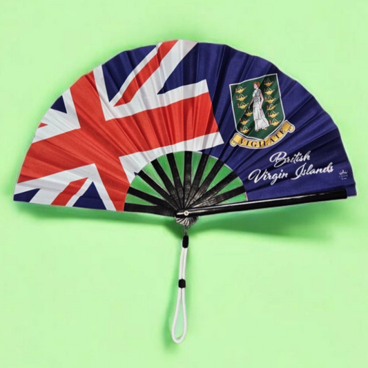 British Virgin Islands folding hand fan featuring BVI flag and tassel – cultural accessory by Caribae Kiss for Tortola, Virgin Gorda, and West Indian festivals