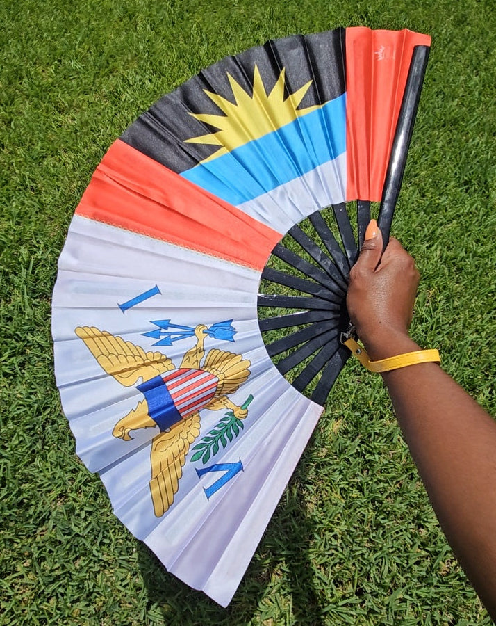 US Virgin Islands and St. Kitts and Antigua & Barbuda dual heritage folding hand fan by Caribae Kiss