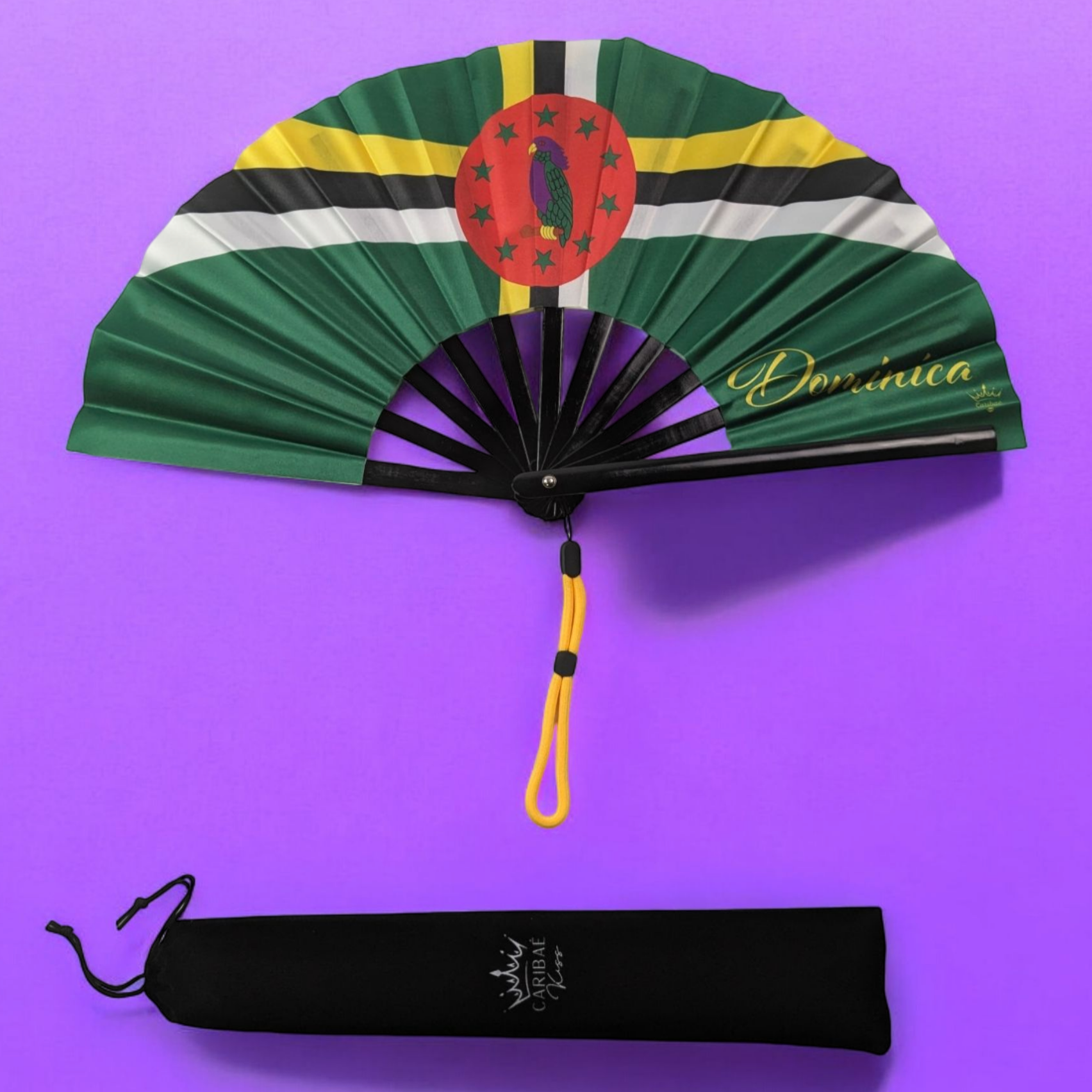 Dominica folding hand fan with island flag and tassel – Caribae Kiss cultural accessory for Carnival, Creole Fest, and West Indian pride celebrations
