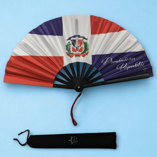 Dominican Republic folding hand fan featuring DR flag and tassel – Afro-Latina Caribbean cultural accessory by Caribae Kiss.