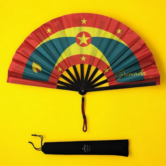 Grenada folding hand fan featuring the national flag and wristlet tassel – a stylish Caribbean accessory by Caribae Kiss for festivals and island events.