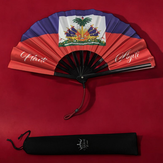 Haiti folding hand fan featuring the Haitian flag and tassel – cultural accessory by Caribae Kiss for Port-au-Prince, Jacmel, and Caribbean festivals