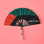 Martinique folding hand fan featuring the Martinique flag and tassel – cultural accessory by Caribae Kiss for Fort-de-France, Le Marin, and Creole festivals