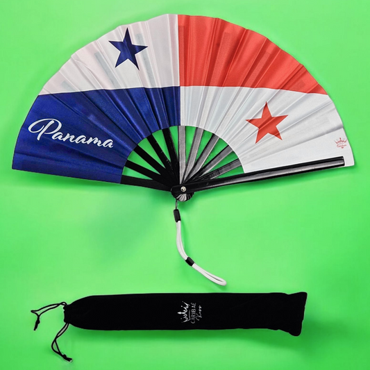 Panama folding hand fan featuring national flag with tassel – cultural accessory by Caribae Kiss for Colón, Bocas del Toro, and Panamanian pride celebrations
