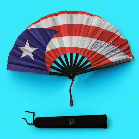 Puerto Rico folding hand fan featuring island flag and tassel – cultural accessory by Caribae Kiss for San Juan, Loíza, and Boricua pride celebrations