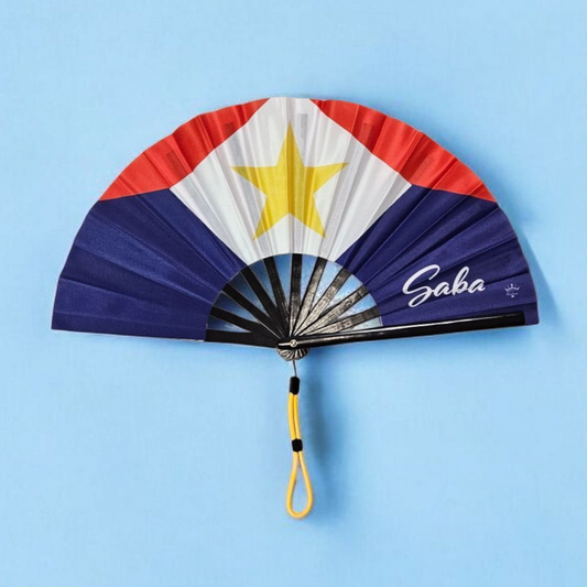 Saba folding hand fan featuring the Saba flag and tassel – cultural accessory by Caribae Kiss for Saba Day and Dutch Caribbean pride