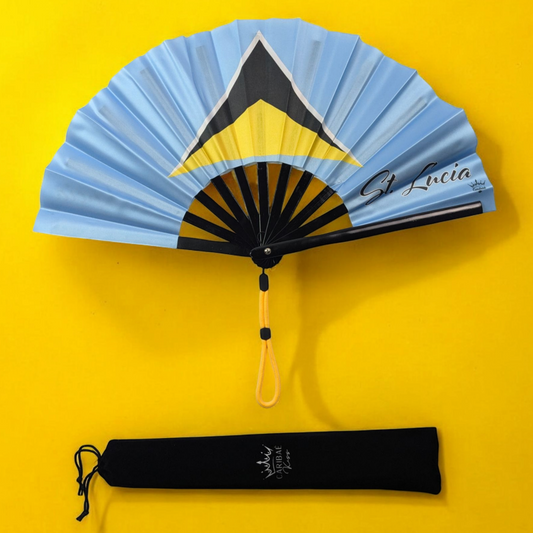 Saint Lucia folding hand fan featuring blue and gold flag with tassel – cultural accessory by Caribae Kiss for Carnival and Lucian festivals