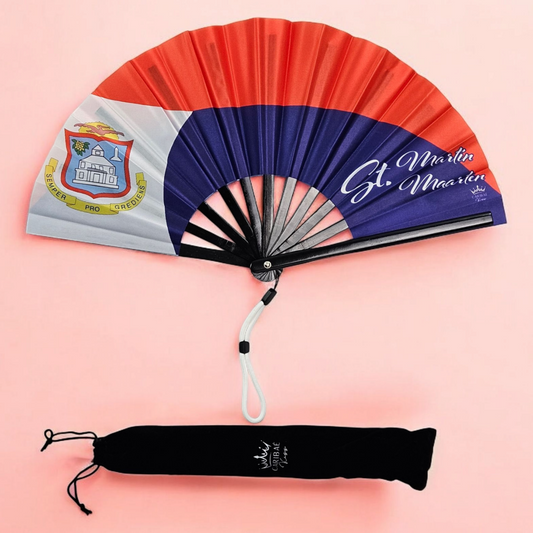 Saint Martin and Sint Maarten folding fan featuring flag-inspired design and tassel – cultural accessory by Caribae Kiss for dual-island pride and Caribbean festivals