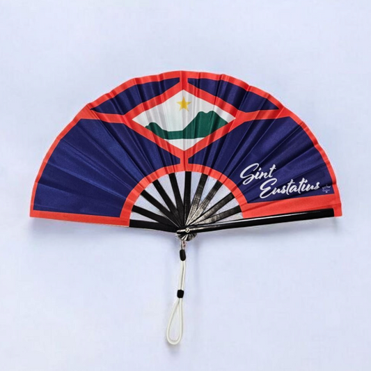 St. Eustatius ( Statia ) folding hand fan featuring the Statia flag and tassel – cultural accessory by Caribae Kiss for Carnival and Golden Rock pride