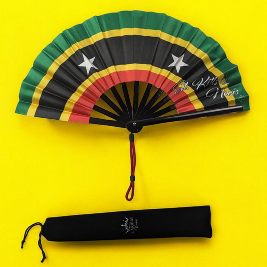 St. Kitts & Nevis folding hand fan featuring SKN flag and tassel – cultural accessory by Caribae Kiss for Carnival, Culturama, and twin-island pride