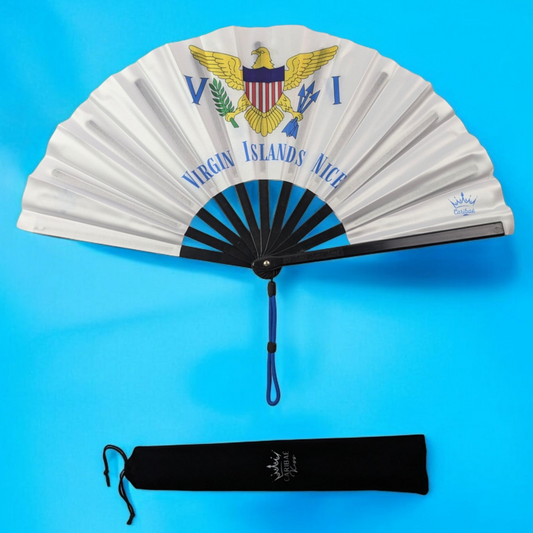 USVI folding hand fan featuring the U.S. Virgin Islands flag and tassel – cultural accessory by Caribae Kiss for St. Croix, St. Thomas, and St. John pride and celebration